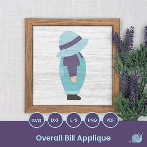 May include: A digital design of a person wearing overalls and a blue hat. The design is in a cartoon style and is suitable for use as an applique.