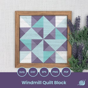 May include: A framed digital download of a geometric quilt block pattern in shades of teal and purple. The pattern is called "Windmill Quilt Block".