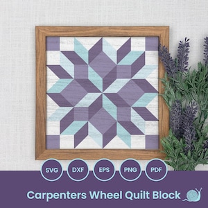 May include: A digital download of a quilt block pattern featuring a geometric design with a blue and purple colour scheme. The pattern is called "Carpenters Wheel Quilt Block".