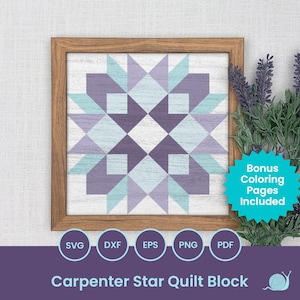 May include: A digital download of a Carpenter Star quilt block pattern in a purple and blue color scheme. The pattern is displayed in a wooden frame against a white background. Bonus coloring pages are included.
