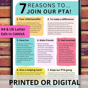 PTA marketing poster, why join the PTA, fully editable template, A4 or US letter, marketing poster