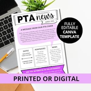 PTA Newsletter Fully Editable Template, Edit in Canva, instant download, printed or digital, PTA marketing, PTA recruitment