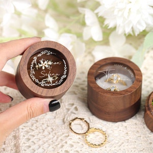 Personalize Round Wooden Ring Box with Glass Lid, Wooden Ring Box, Engrave Wooden Ring Box, Ring Box for Proposal, Wedding Proposal