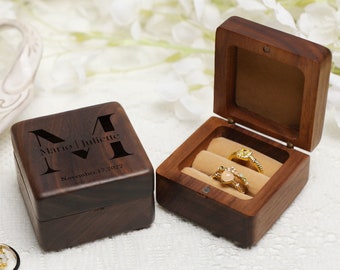 Custom Round Edge Square Ring Box for Wedding, Engraved Wooden Ring Box, Double Slot Ring Box for Proposal, Couple Gift