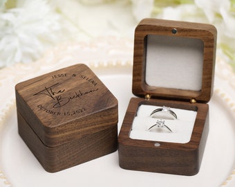 Engraved Custom Ring Box, Square Wooden Ring Box for Proposal, Double Slot Wedding Ring Box, Personalized Gift, Anniversary Surprise