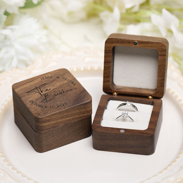 Engraved Custom Ring Box, Square Wooden Ring Box for Proposal, Double Slot Wedding Ring Box, Personalized Gift, Anniversary Surprise