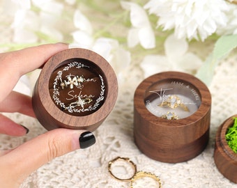 Personalice la caja redonda de anillos de madera con tapa de vidrio, caja de anillos de madera, caja de anillos de madera grabada, caja de anillos para propuesta, propuesta de boda