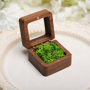 Retro Square Ring Box with Glass Lid, Personalize Wooden Ring Box with Moss Lining, Ring Box for Wedding, Engagement Wood Ring Holder image 1