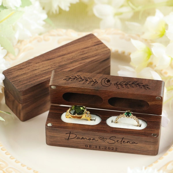 Caja de anillo de boda personalizada, caja de anillo de boda personalizada, caja de anillo de compromiso doble, almohada de anillo personalizada, boda rústica moderna