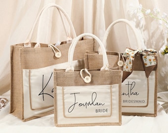 Custom Name Tote Bag, Bridesmaid Gift Bag, Wedding Favors, Monogram Beach Bag, Hen's Party Gift, Personalize Travel Burlap Bag,Bachelor Gift