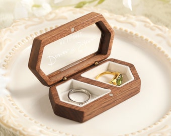 Boîte à bagues en bois carrée pour la cérémonie de mariage, boîte à bagues en bois personnalisée de haute qualité, étui à bagues en bois avec couvercle en verre personnalisé, boîte à bagues de fiançailles