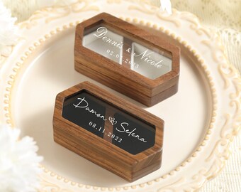 Caja de anillo de madera cuadrada para ceremonia de boda, caja de anillo de madera personalizada de alta calidad, caja de anillo de madera con tapa de vidrio personalizada, caja de anillo de compromiso