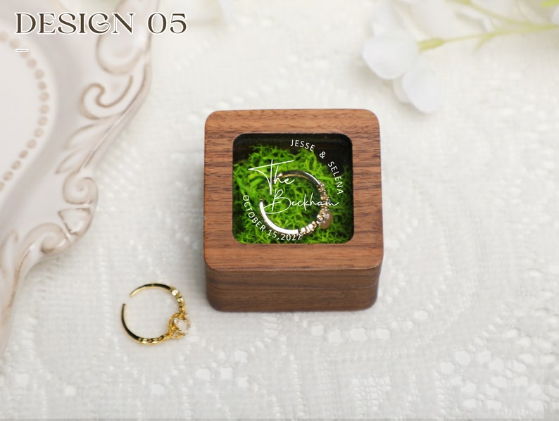 Retro Square Ring Box with Glass Lid, Personalize Wooden Ring Box with Moss Lining, Ring Box for Wedding, Engagement Wood Ring Holder image 3