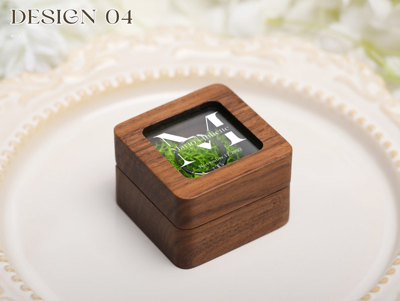 Retro Square Ring Box with Glass Lid, Personalize Wooden Ring Box with Moss Lining, Ring Box for Wedding, Engagement Wood Ring Holder image 4