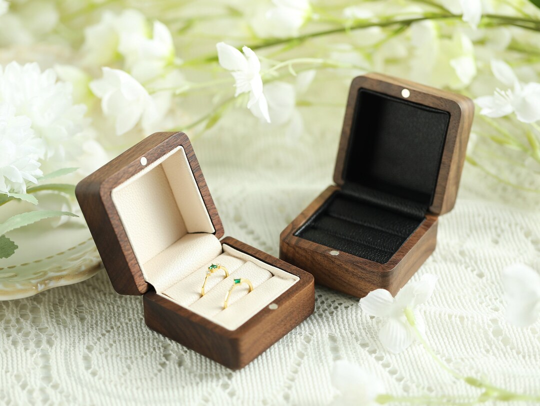 Retro Square Ring Box With Leather Interior, Double Slot Wedding Ring