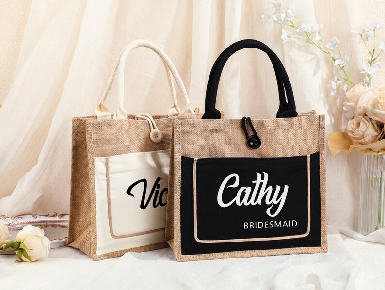 Custom Name Tote Bag, Bridesmaid Gift Bag, Wedding Favors, Monogram Beach Bag, Hen's Party Gift, Personalise Travel Burlap Bag,Bachelor Gift Bild 2