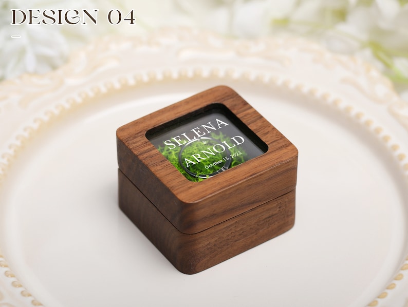 Retro Square Ring Box with Glass Lid, Personalize Wooden Ring Box with Moss Lining, Ring Box for Wedding, Engagement Wood Ring Holder image 6