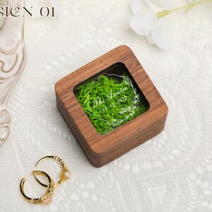 Retro Square Ring Box with Glass Lid, Personalize Wooden Ring Box with Moss Lining, Ring Box for Wedding, Engagement Wood Ring Holder image 8