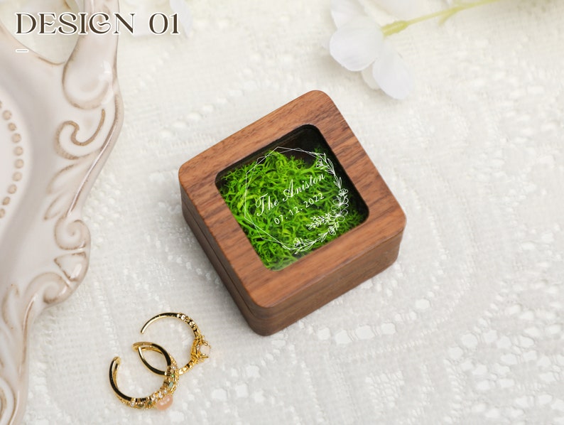 Retro Square Ring Box with Glass Lid, Personalize Wooden Ring Box with Moss Lining, Ring Box for Wedding, Engagement Wood Ring Holder image 8