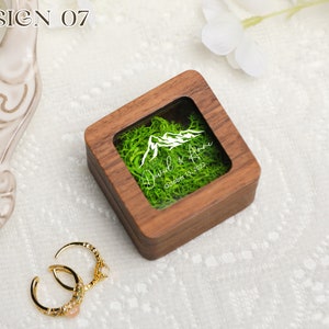 Retro Square Ring Box with Glass Lid, Personalize Wooden Ring Box with Moss Lining, Ring Box for Wedding, Engagement Wood Ring Holder image 2