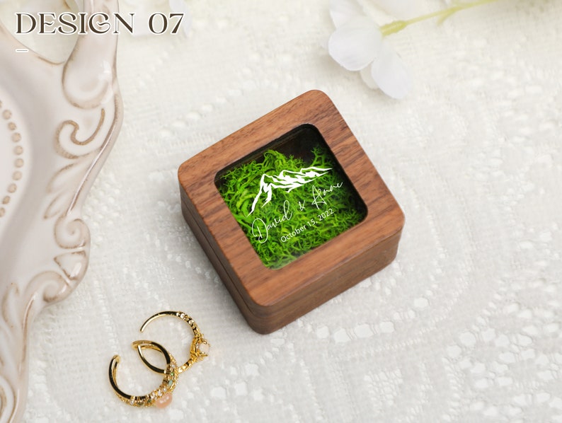 Retro Square Ring Box with Glass Lid, Personalize Wooden Ring Box with Moss Lining, Ring Box for Wedding, Engagement Wood Ring Holder image 2