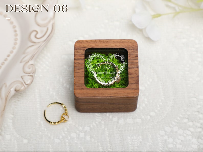 Retro Square Ring Box with Glass Lid, Personalize Wooden Ring Box with Moss Lining, Ring Box for Wedding, Engagement Wood Ring Holder image 7