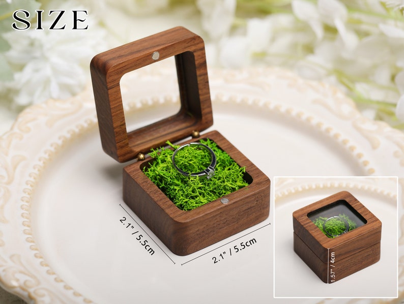 Retro Square Ring Box with Glass Lid, Personalize Wooden Ring Box with Moss Lining, Ring Box for Wedding, Engagement Wood Ring Holder image 10