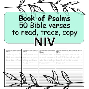 May include: A workbook titled "Book of Psalms" with 50 Bible verses to read, trace, and copy. The NIV version is displayed. The pages include lines for writing and tracing verses from Psalms 62:1, 63:4, 34:8, and 16:8.