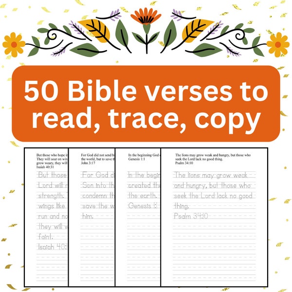 Scripture Copywork Book - 50 NIV Bible verses - scripture tracing - scripture handwriting - Homeschool Copy Work - verses to trace - Digital