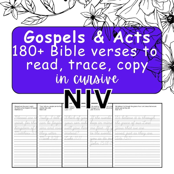 Cursive Bible Copywork, Gospels & Acts NIV, Homeschool Handwriting (Digital PDF)