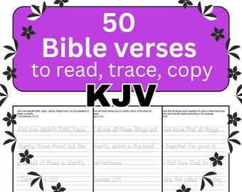 Książka do przepisywania 50 wersetów biblijnych, wersety biblijne KJV, pismo odręczne dla początkujących (plik PDF w wersji cyfrowej)
