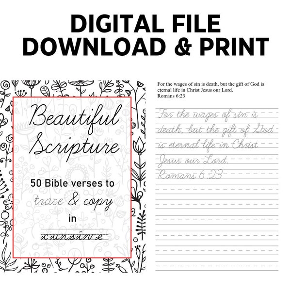 Cursive Copywork Book - Beautiful Scripture - 50 Bible verses from NIV - Homeschool worksheet - Cursive Worksheet - Download & Print
