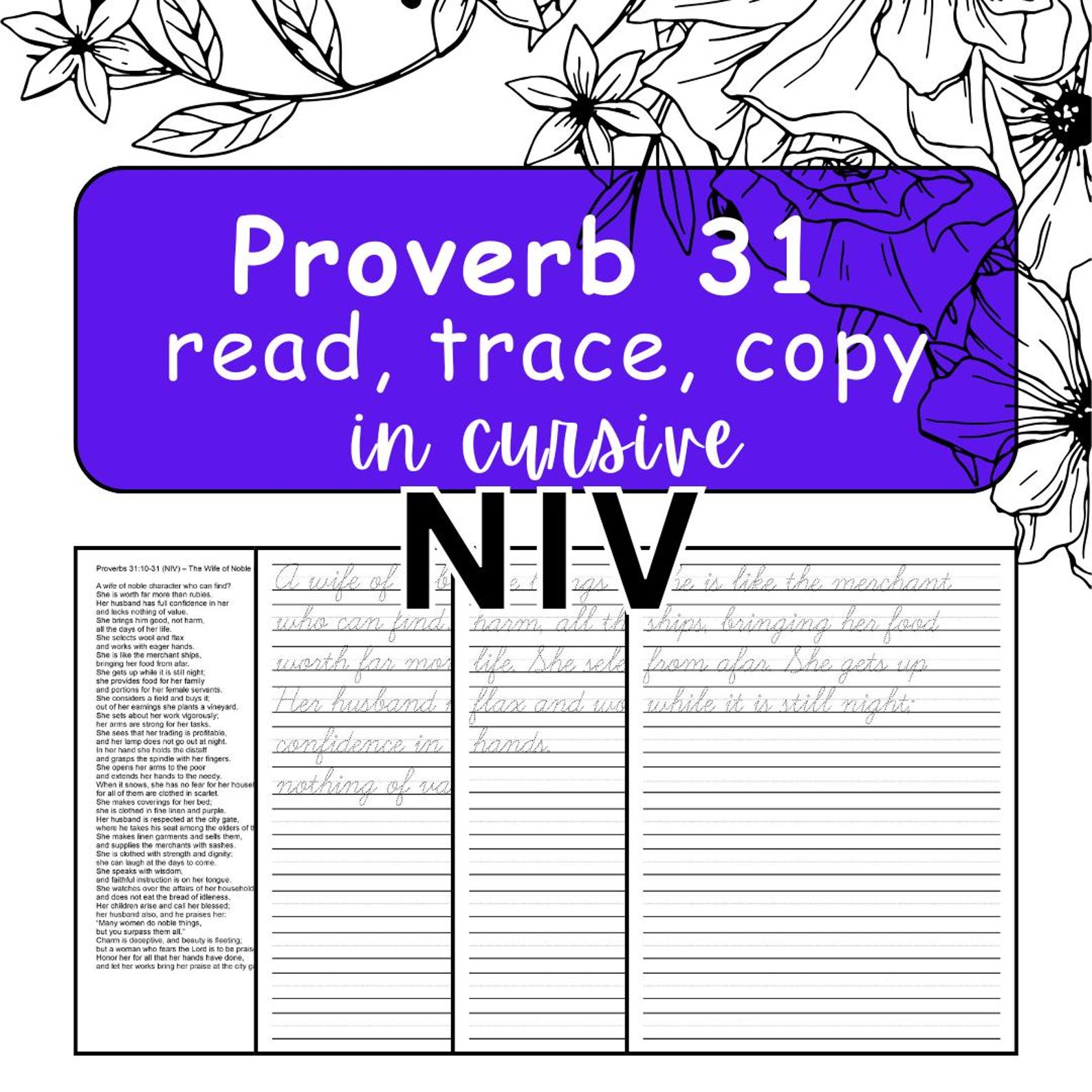 Cursive Copywork Book, Proverbs 31 NIV, Scripture Tracing (digital PDF ...