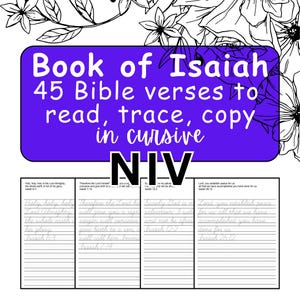 Op de afbeelding: Een paarse afbeelding met de tekst "Book of Isaiah" en "45 Bijbelverzen om te lezen, over te trekken, over te schrijven in cursief" in het wit. Daaronder de afkorting "NIV" in zwart. De onderkant bevat Bijbelverzen in cursief.