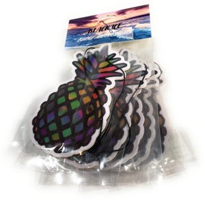 May include: A package of pineapple-shaped air fresheners. Each sticker has a black background with a colorful, geometric design. The packaging has the words "BLACK ICE" and a scenic image of a sunset over the ocean.