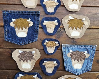 Highland Cow Patch – Embroidered Upcycled Denim Applique, Sew On Art