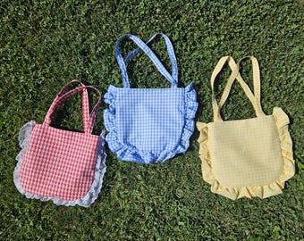 Vintage Gingham Tote Bag – Ruffled Shoulder Bag, Handmade Checkered Design