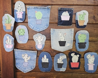 Kaktus Pflanze Aufnäher - Handgemachte Hippy Barrel Wüste Stachelige Tasche Gestickte Upcycled Denim Stoff Applikation Aufnähen - Visible Mending Art