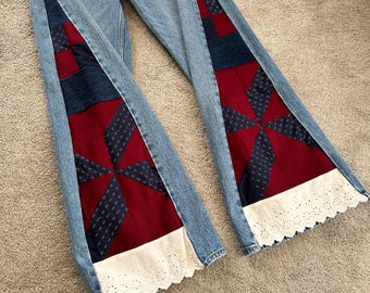 Upcycled Quilted Side Patchwork Jeans | High Rise Dad Bootcut Denim, Größe 29 | Regelmäßige 8