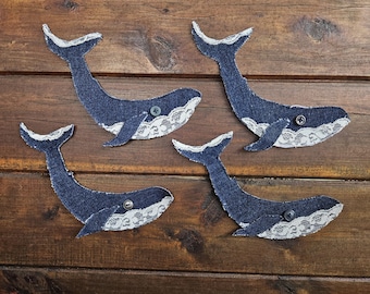 Upcycled Denim Whale Patch – Embroidered Lace Applique Sew On (4x8 inches)