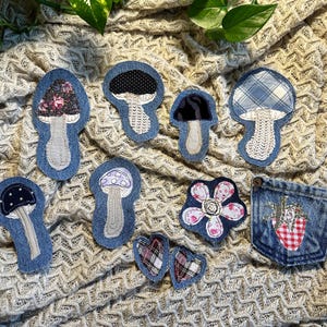 Handmade Mushroom Denim Patch – Embroidered Applique, Upcycled Fabric