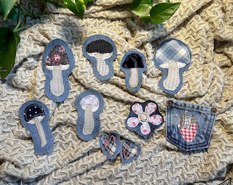 Hippy Mushroom Patch - Handmade Flower Strawberry Pocket Embroidered Upcycled Denim Fabric Applique Sew On - Visible Mending  Art