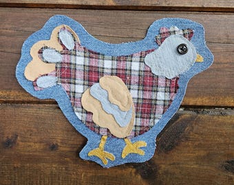 Embroidered Chicken Patch – Upcycled Denim Applique, Boho Visible Mending Art