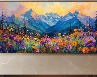 Cuadro original de flores silvestres sobre lienzo, arte mural de pradera de montaña, obra de arte horizontal grande para la decoración de la pared de la sala de estar.