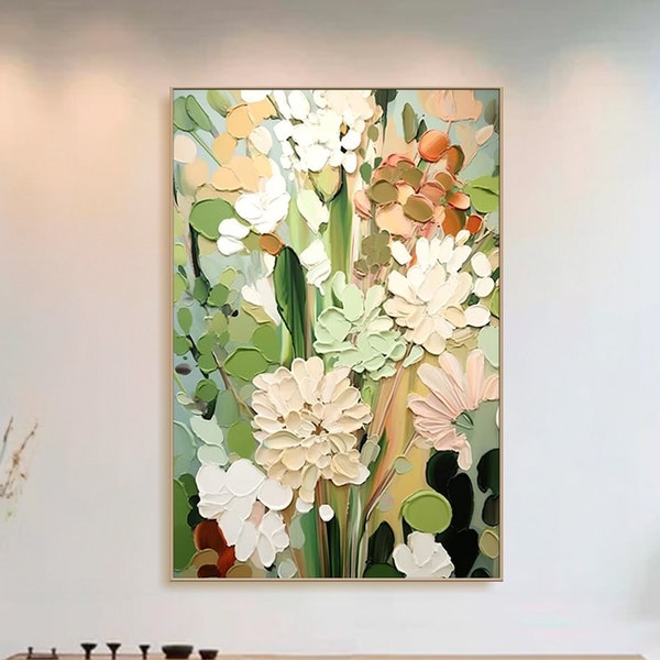 Art mural verdure, fleurs, peinture sur toile, peinture originale, peinture florale printanière, grande dimension texturée, art mural abstrait moderne, décoration personnalisée