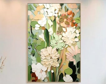 Art mural verdure, fleurs, peinture sur toile, peinture originale, peinture florale printanière, grande dimension texturée, art mural abstrait moderne, décoration personnalisée