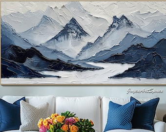 Original Textured Mountain Oil Painting on Canvas Abstract Blue Oil Painting Large Living Room Wall Art Custom Gift Painting Modern Wall Art