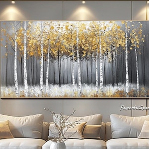 Golden Birch Trees Oil Painting Abstract Textured Wall Art Large Canvas Wall Decor Fall Forest Artwork Modern Nature Inspired Landscape Art