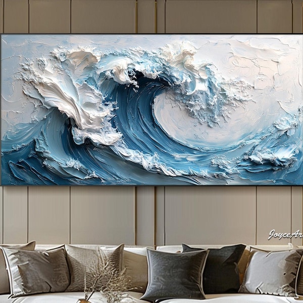 Art mural texturé 3D original océan bleu vague peinture à l'huile abstraite empâtement minimaliste nature décoration murale surdimensionné bohème salon art mural
