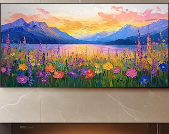 Modern Landscape Oil Painting Colorful Wildflower Painting Handmade Nature Wall Art Hand Painted Canvas Wall Art Large Mountain Wall Art